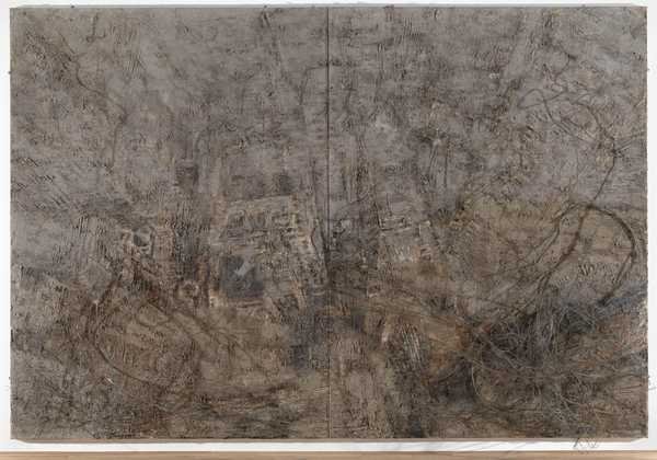Anselm Kiefer, Lilith: a large two part canvas covered in oil paint and grey ash showing São Paulo from above, with copper wire attached to the surface