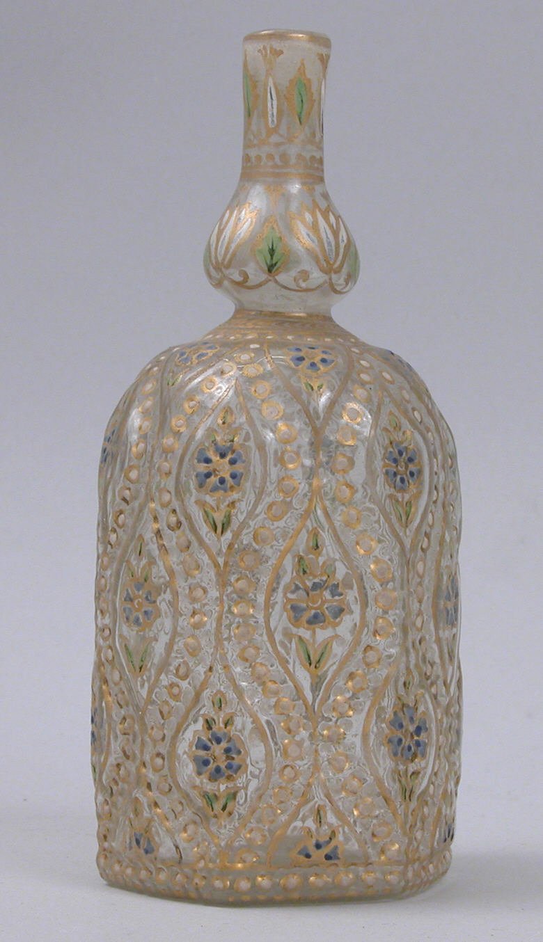 Colourless glass perfume sprinkler with long neck, painted in coloured enamel with lotus and flowers, gilded details