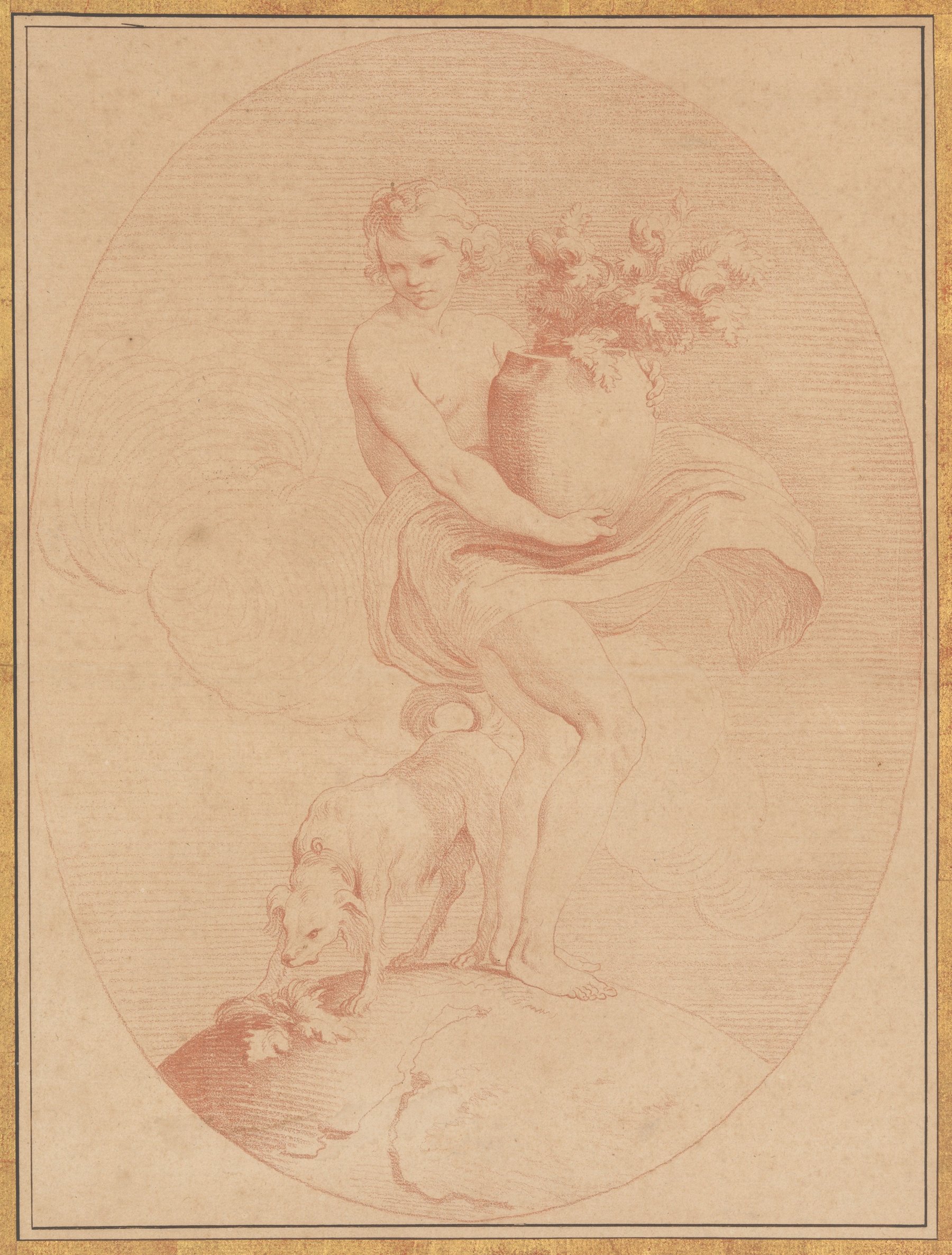 Edme Bouchardon, The Sense of Smell: bản in ngược phấn đỏ, cậu bé ôm bình cây và con chó đánh hơi trong khung bầu dục