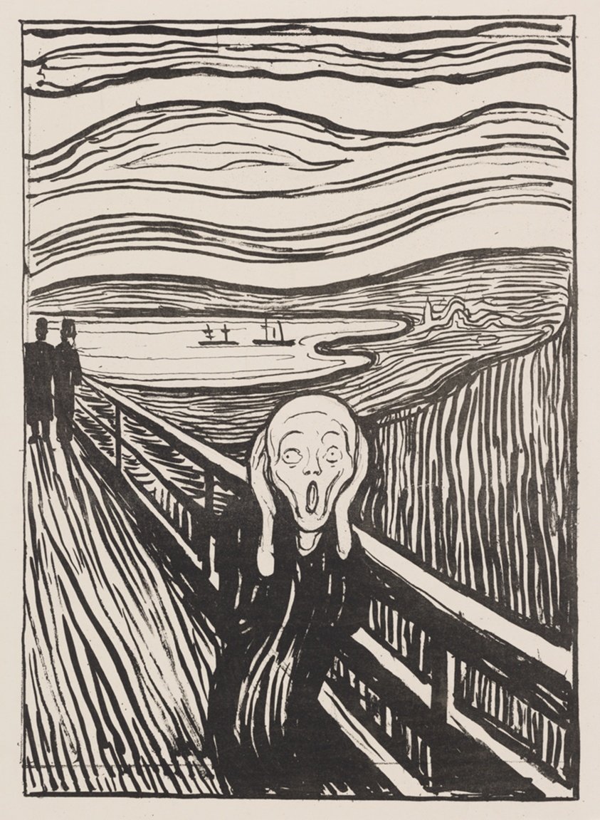Edvard Munch, The Scream: hình người ôm mặt trên con đường có lan can, phía sau là vịnh biển và bầu trời đỏ cam cuộn sóng