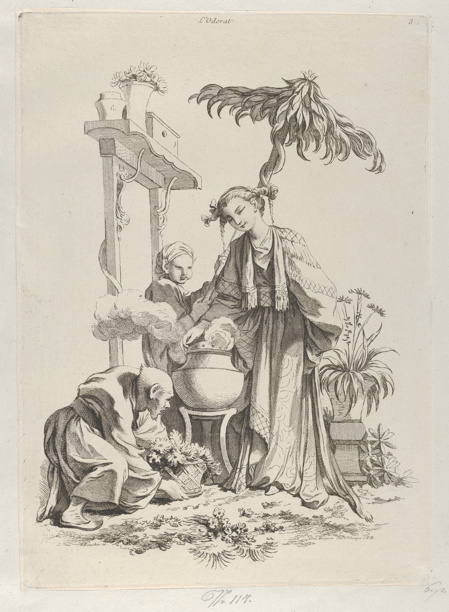 François Boucher, L'Odorat: chinoiserie print of a young woman bending towards a smoking vessel, an old man kneeling with flowers