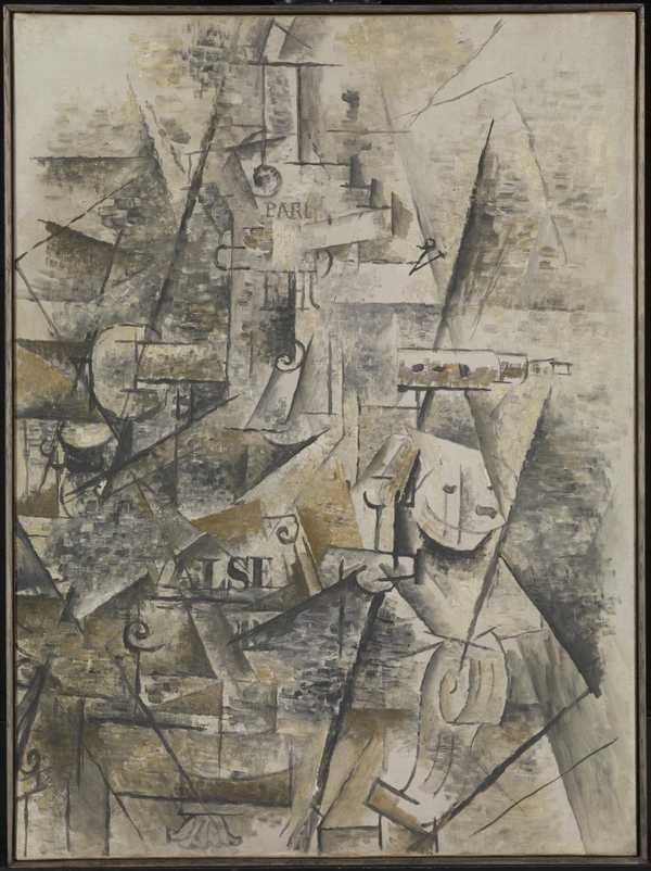 Georges Braque, Clarinet and Bottle of Rum on a Mantelpiece: a brown and grey Cubist still life with a clarinet, a bottle marked RHU and the word VALSE