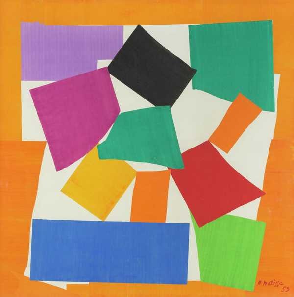 Henri Matisse, The Snail: những mảng giấy màu cắt, xanh lá, cam, xanh lam, vàng, tím, xếp thành vòng xoắn trên nền trắng