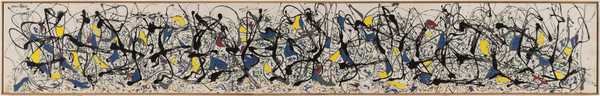 Jackson Pollock, Summertime: Number 9A: bức tranh ngang rất dài phủ những đường sơn đen nhỏ giọt xen các mảng màu sáng trên nền toan mộc