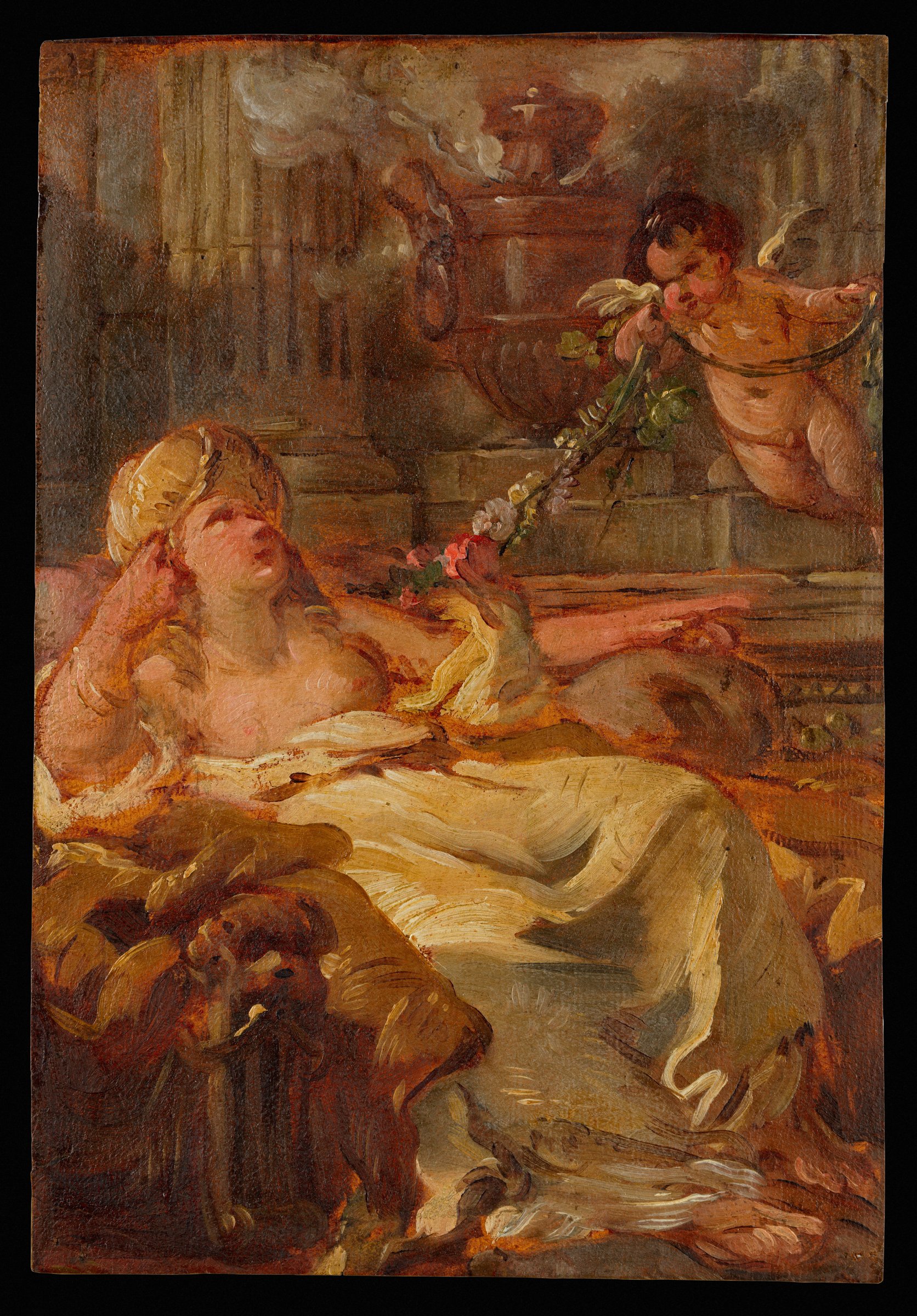 Joseph-Marie Vien, Allegory of Smell: người phụ nữ đội khăn xếp nằm tựa, tiểu thiên thần đưa vòng hoa, lư hương bốc khói phía sau