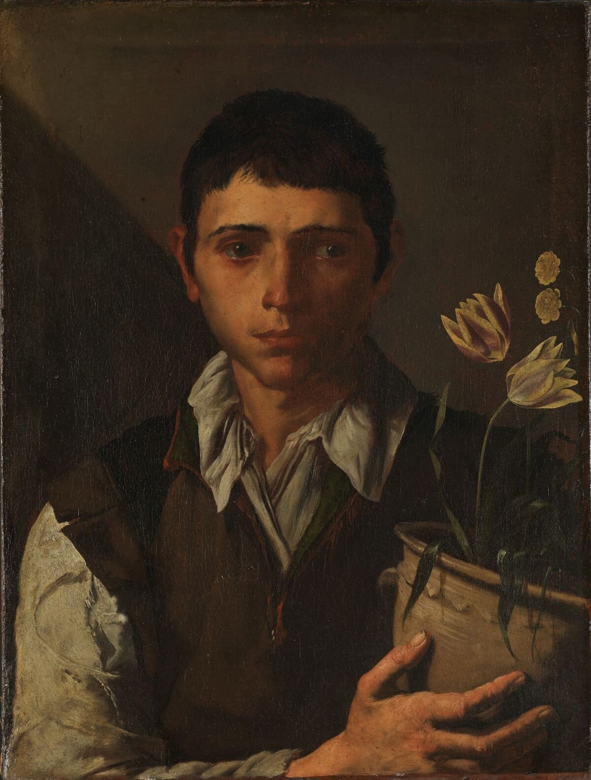Jusepe de Ribera, Boy with a Pot of Flowers. The Sense of Smell: a boy in a worn sleeve holding a clay pot of tulips against a dark ground