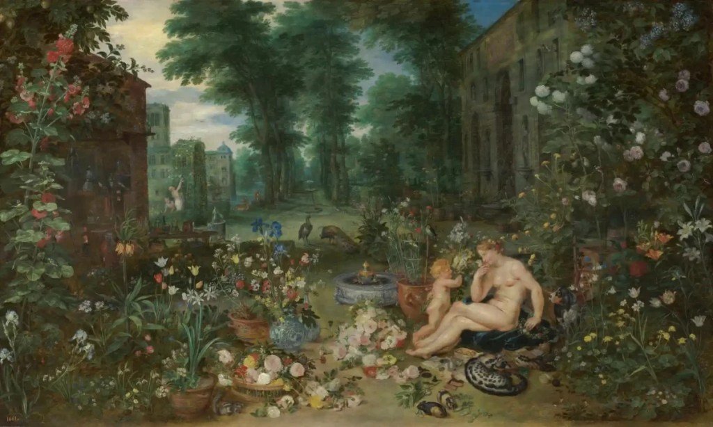 Jan Brueghel the Elder và Rubens, Khứu giác: một phụ nữ ngồi giữa khu vườn đầy hoa, bình và dụng cụ chưng cất