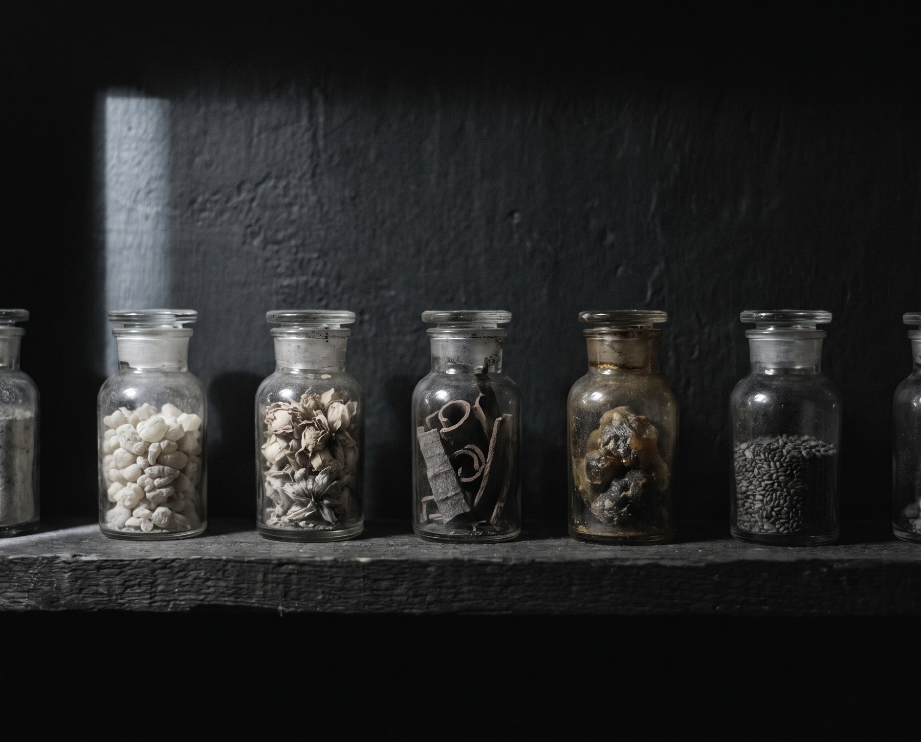 Aftel Archive of Curious Scents: hàng lọ nguyên liệu thô trên kệ gỗ