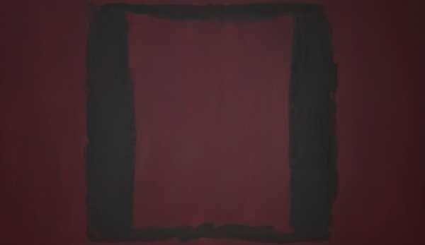 Mark Rothko, Black on Maroon: a very large horizontal canvas of soft edged black forms on a deep maroon ground, in a dimly lit gallery