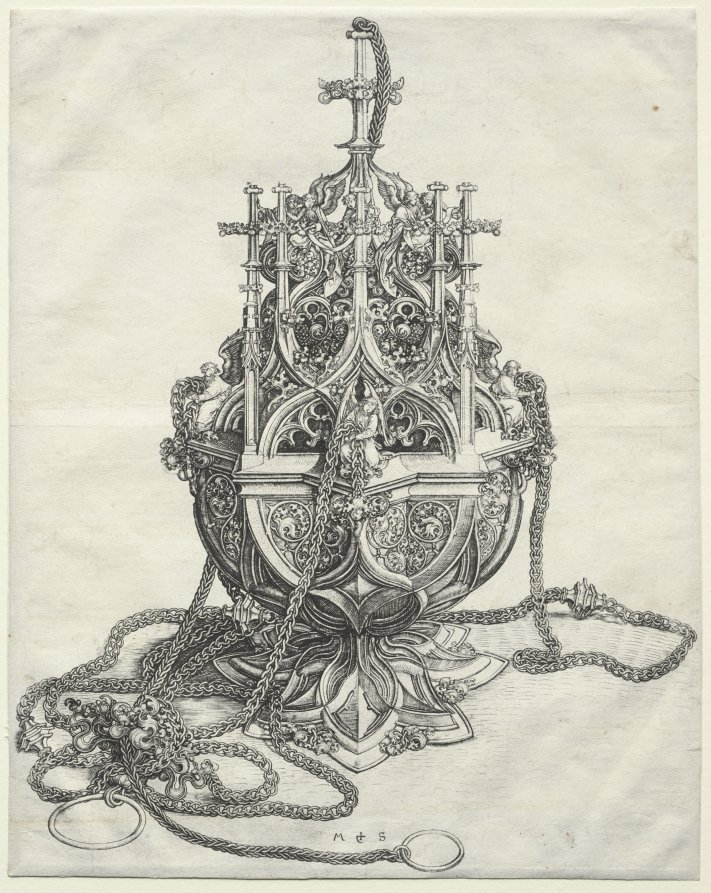 Martin Schongauer, The Censer: bản khắc đồng vẽ chiếc lư hương nhà thờ kiểu Gothic, phủ hình thiên thần và các ô đục thủng