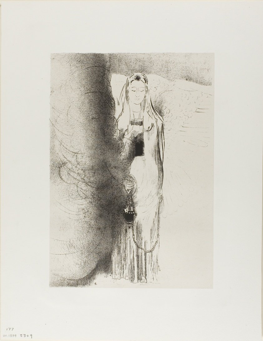 Odilon Redon, Puis l'ange prit l'encensoir: tranh in đá đen trắng thiên thần cầm lư hương, khói bốc lên