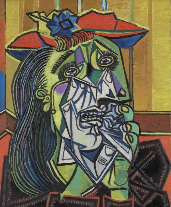 Pablo Picasso, Weeping Woman: a woman in a hat weeping behind a handkerchief, her face broken into planes of colour