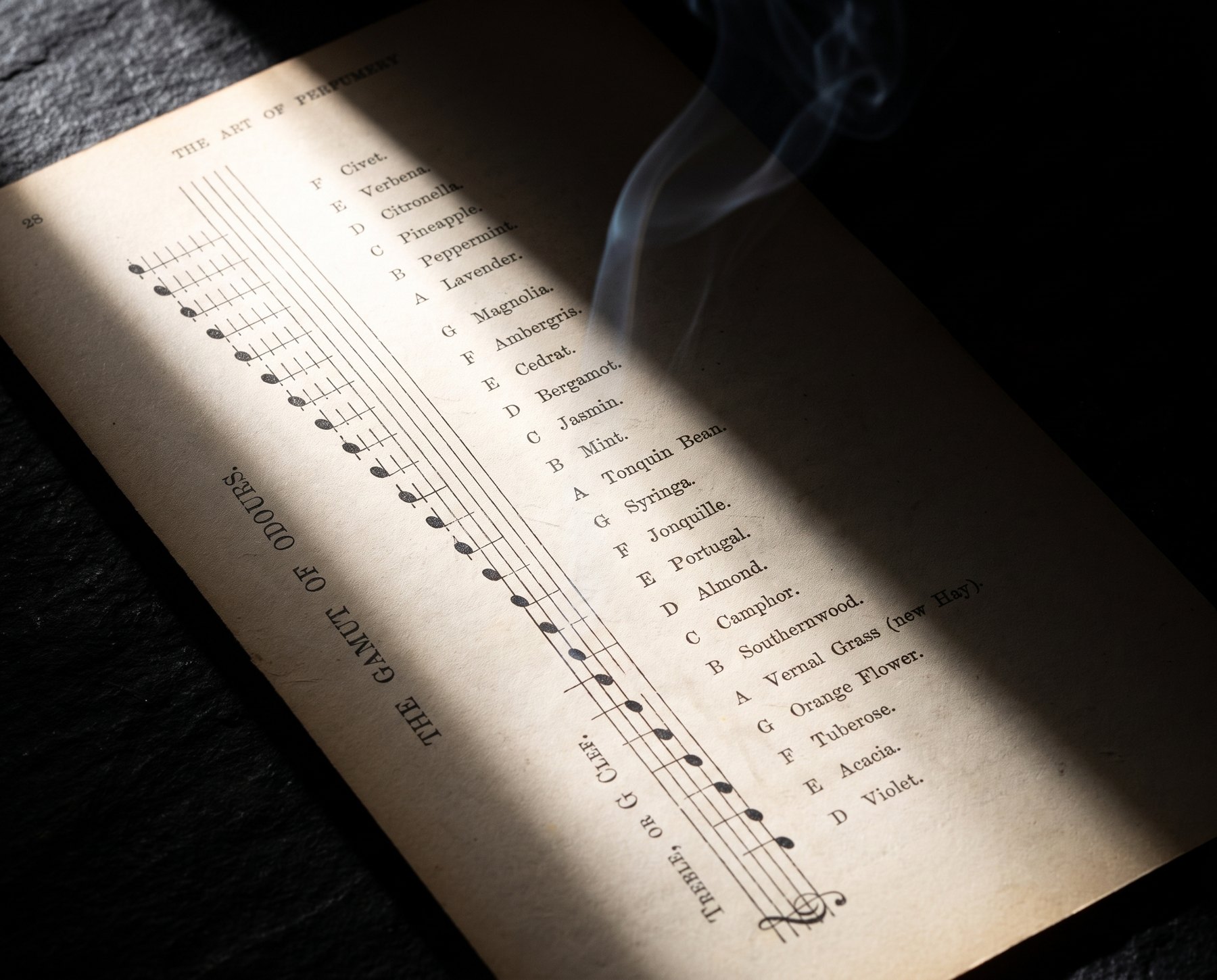 Bảng thang mùi của Piesse in trên hai khuông nhạc trong The Art of Perfumery năm 1862