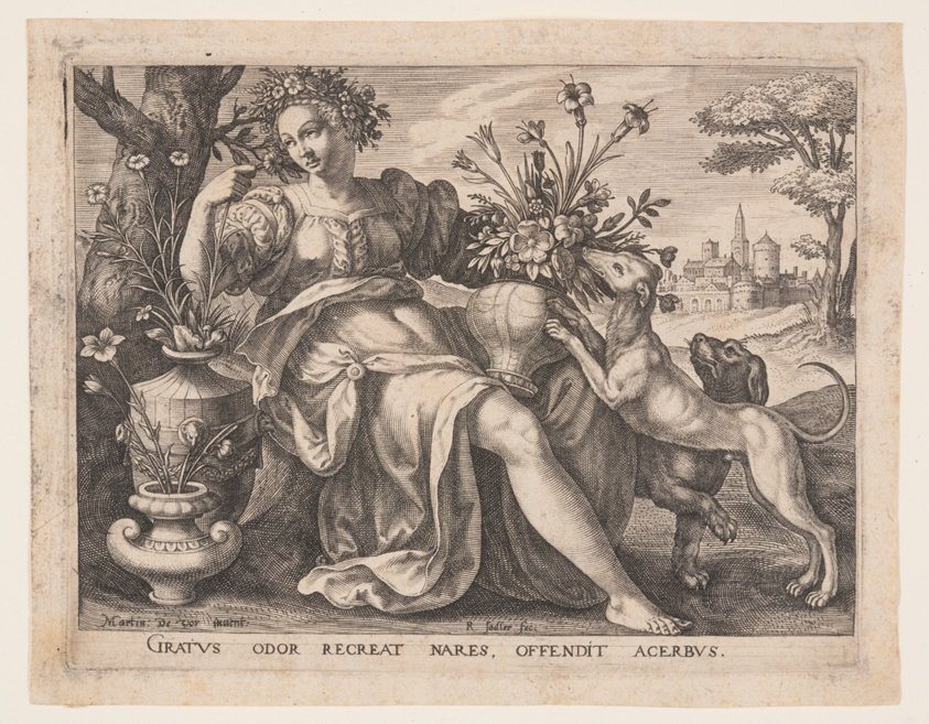 Raphael Sadeler I after Maarten de Vos, Smell: small engraving of a woman under a tree arranging flowers, two dogs, a distant city