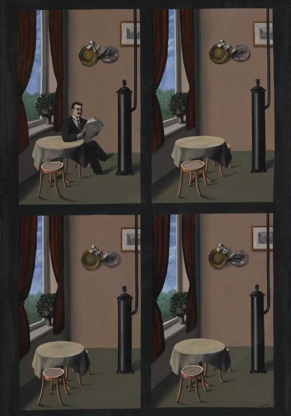René Magritte, Man with a Newspaper: bốn khung vẽ cùng một căn phòng, chỉ khung đầu có người đàn ông đọc báo