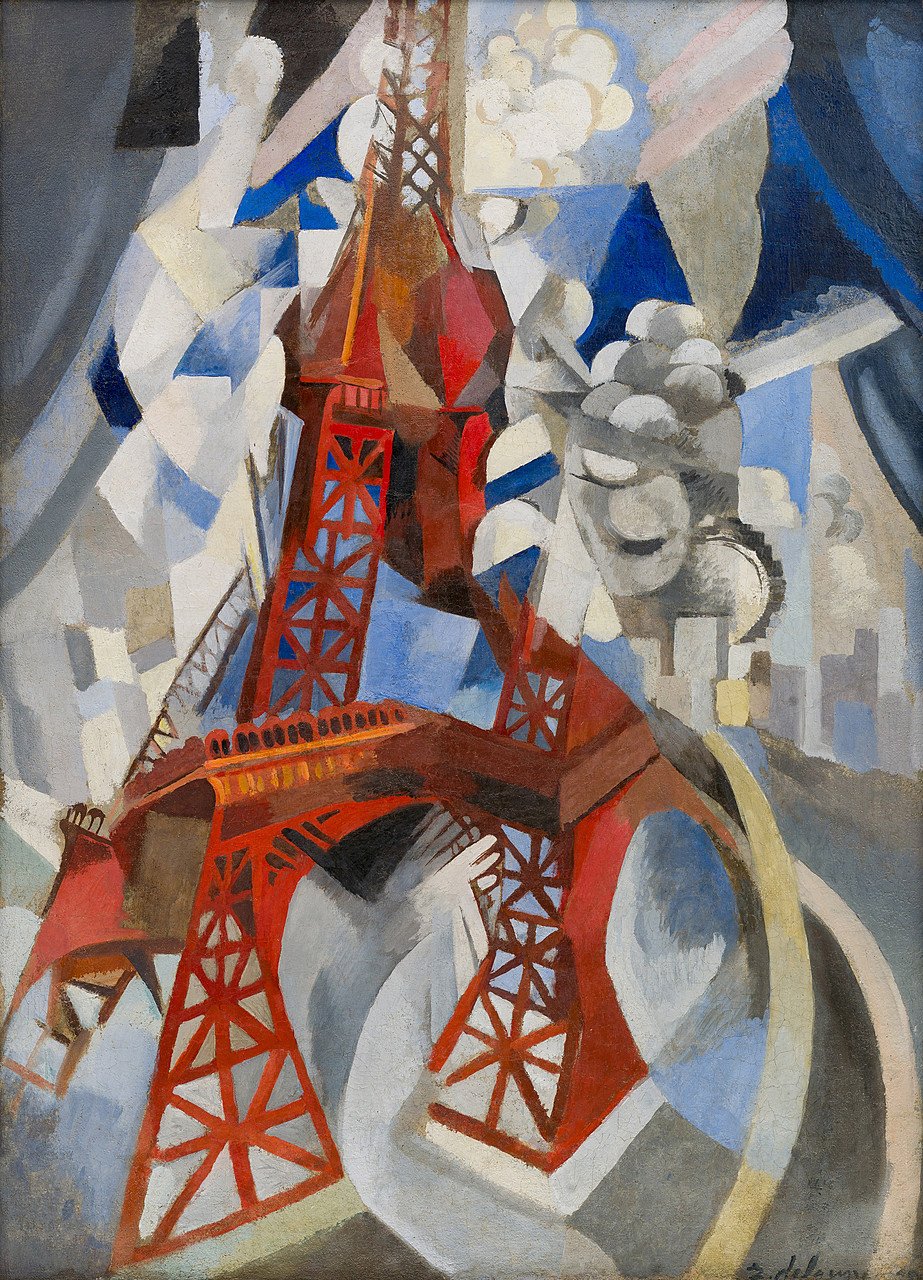 Robert Delaunay, Red Eiffel Tower: tháp Eiffel màu đỏ son với khung sắt đan chéo, xung quanh là những mảng xám, be và xanh của thành phố và mây khói