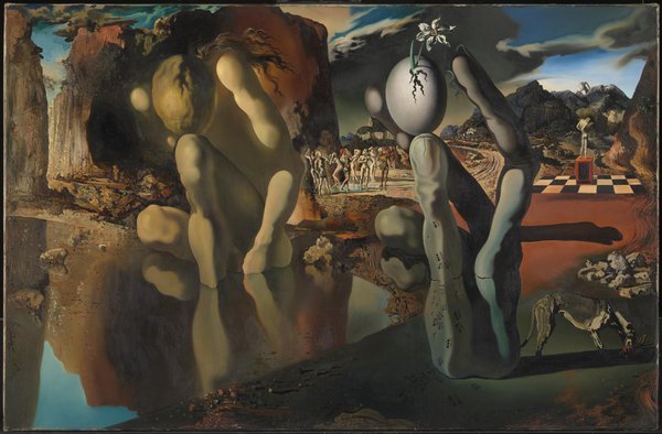Salvador Dalí, Metamorphosis of Narcissus: người cúi bên hồ cạnh bàn tay đá cầm quả trứng nở hoa thuỷ tiên