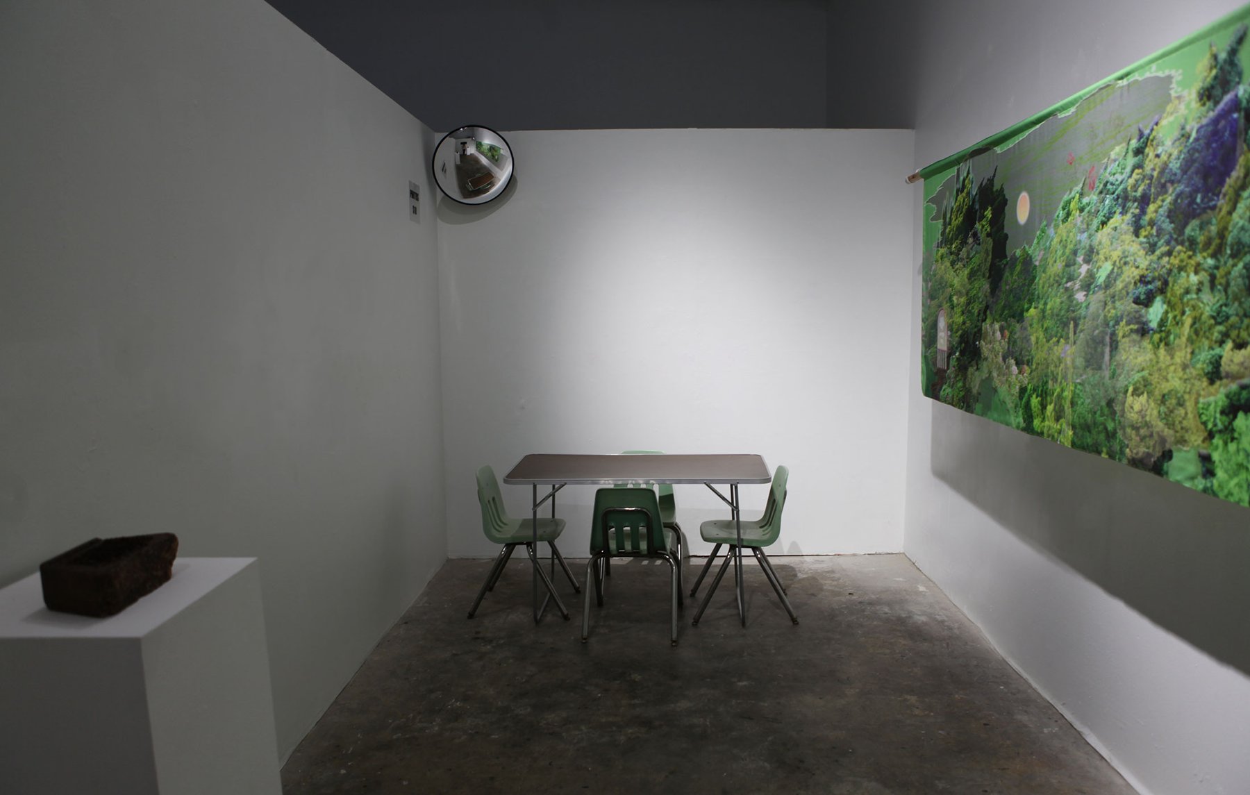 Se Young Au, A Clearing: jade green silk printed with landscapes, a visiting table and two mirrors at IAO Gallery