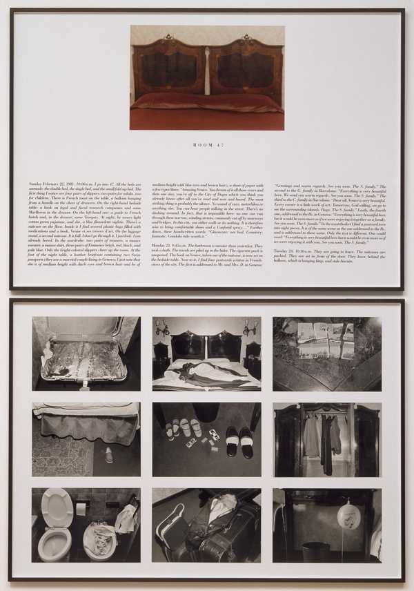 Sophie Calle, The Hotel: photographs of a guest's belongings in a Venice hotel room, beside a written log
