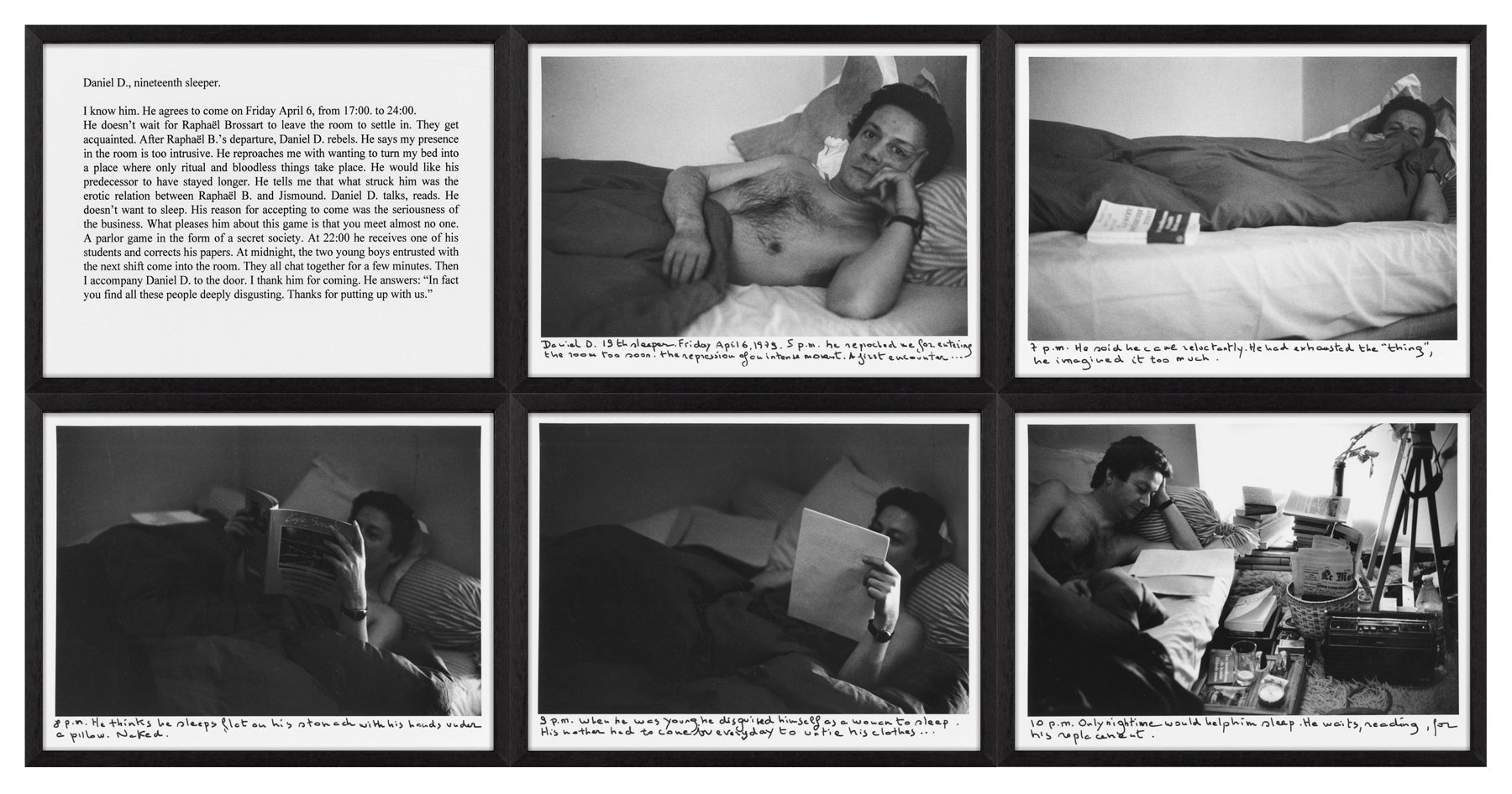 Sophie Calle, The Sleepers: black and white photographs of a sleeper taken hour by hour, with a text panel