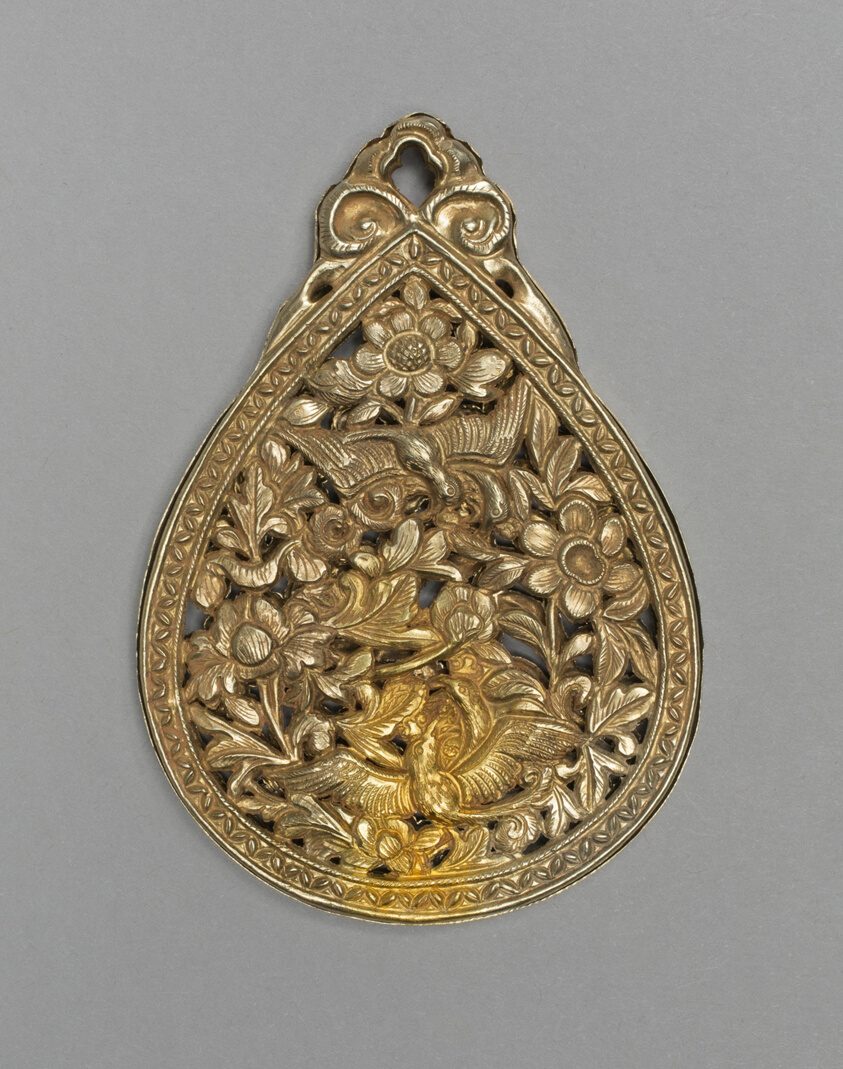 Teardrop-shaped Perfume Container with Birds, Foliage, and Flowers.