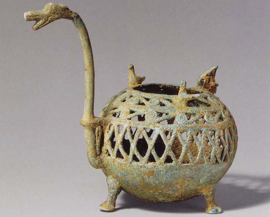 Incense Burner with Dragon Spout: small bronze incense burner with a dragon-shaped spout, Vietnam, 1st to 3rd century