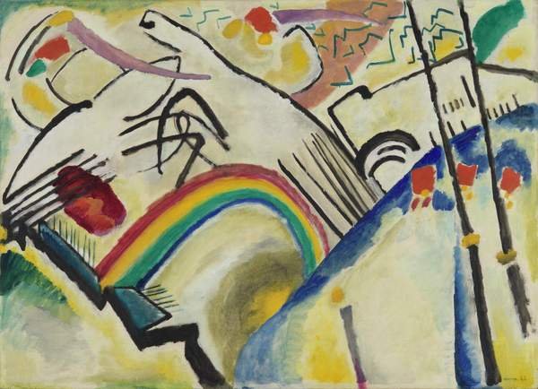 Wassily Kandinsky, Cossacks: mũ đỏ, giáo đen, cầu vồng và pháo đài trên đồi tan thành mảng màu