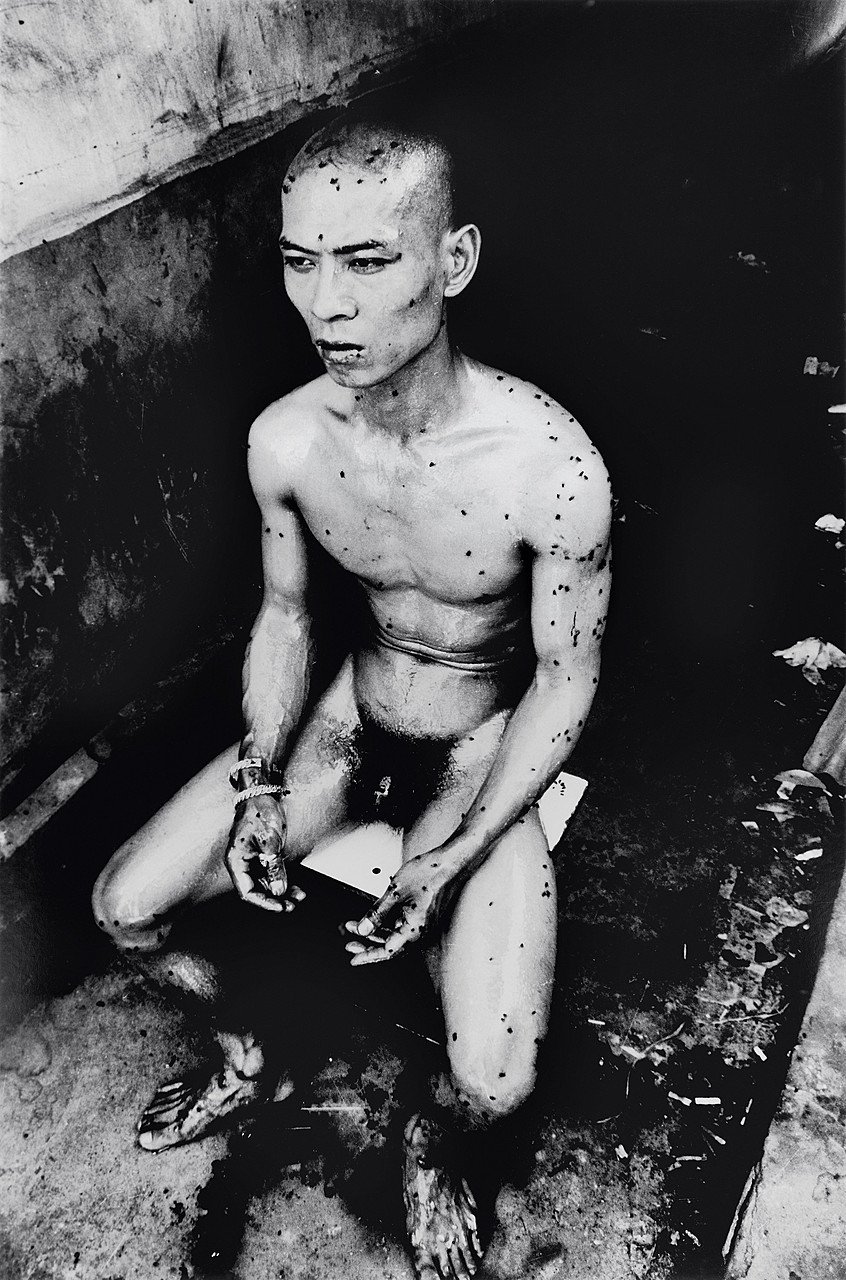 Zhang Huan, 12 Square Meters: ảnh đen trắng nghệ sĩ ngồi trong nhà vệ sinh công cộng, thân người phủ đầy ruồi